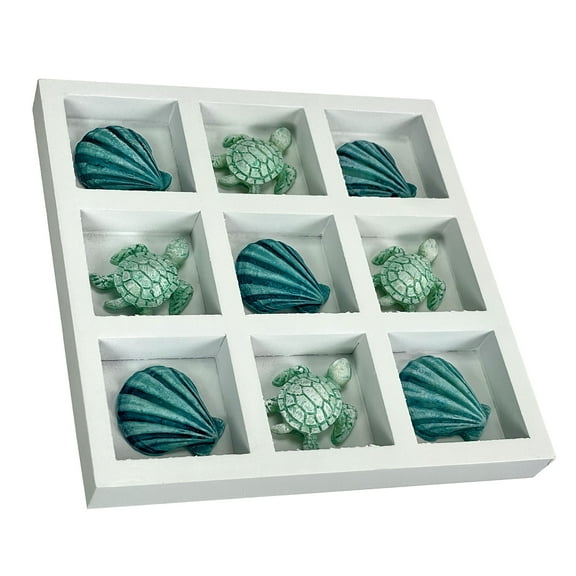 Things2Die4 Coastal Shell & Sea Turtle Tic Tac Toe Table Accent Decor - 7 inch White Wood - White - Size 7 inch