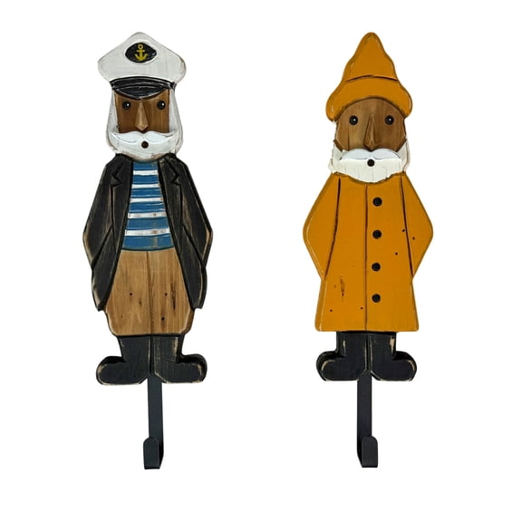 Things2Die4 Decorative Wall Hooks Set of 2 Nautical Captain Fisherman Wood Metal