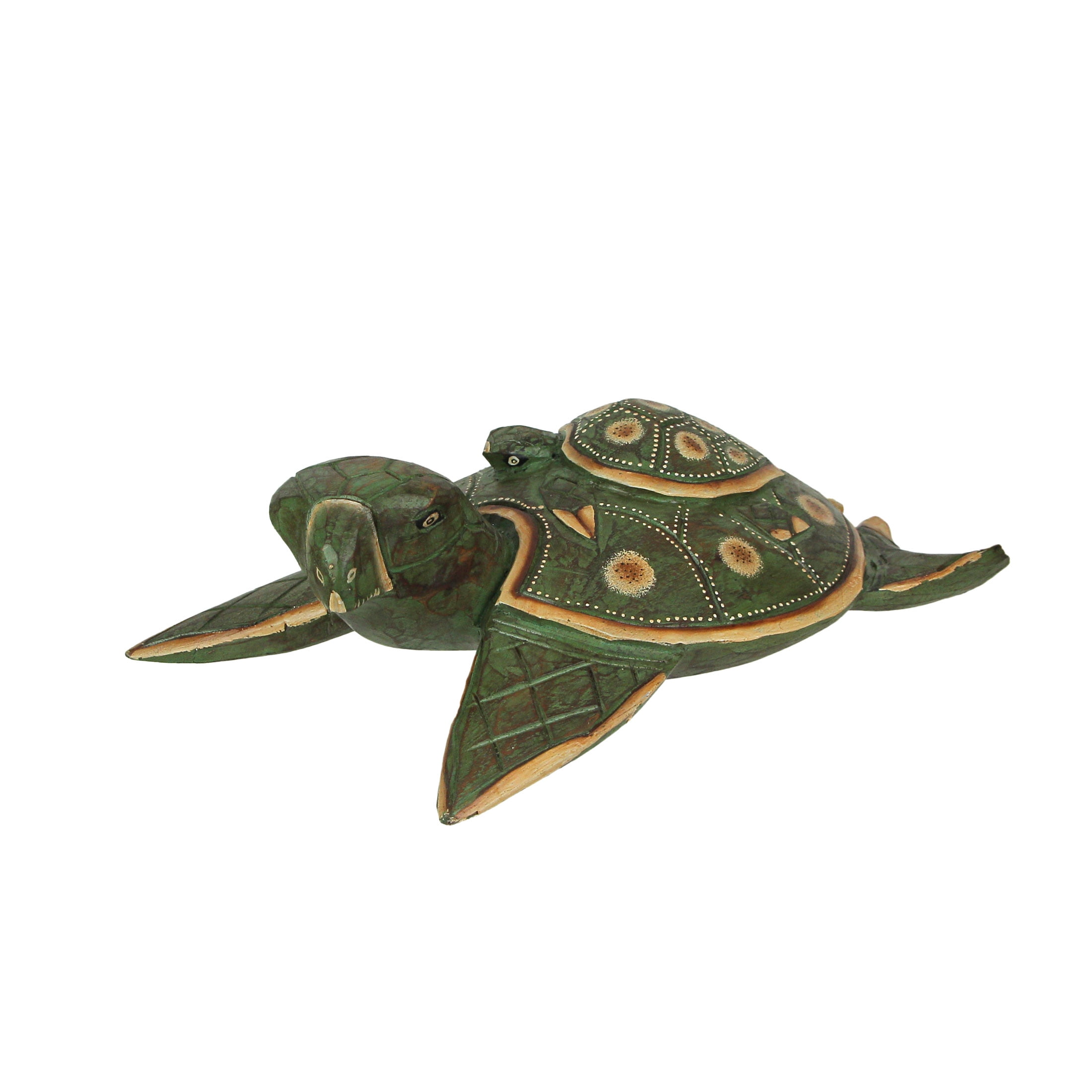 Green Hand-Carved Wooden Mother and Baby Turtle Sculpture