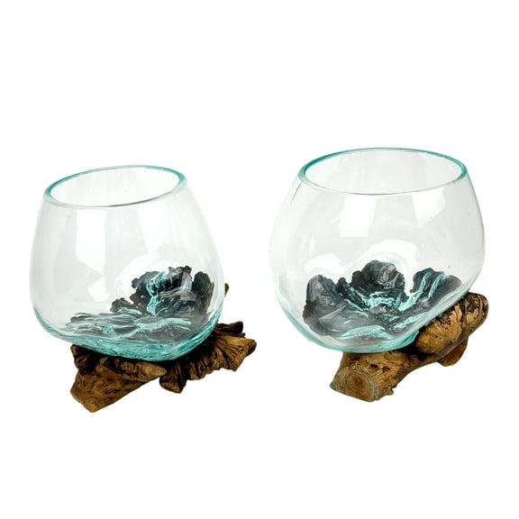 Things2Die4 Melted Glass On Burl Wood Decorative Bowls (Set of 2)