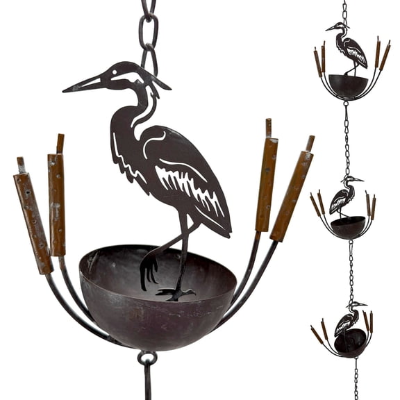 Things2Die4 Metal Heron Rain Chain 102in Brown Distressed Rustic Hanging Outdoor Decor - Brown - Size 102 x 6 x 3 inches