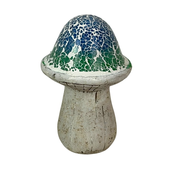 Things2Die4 Outdoor Mushroom Statue, Mosaic Cement Garden Figurine, Blue Green White, 8 In