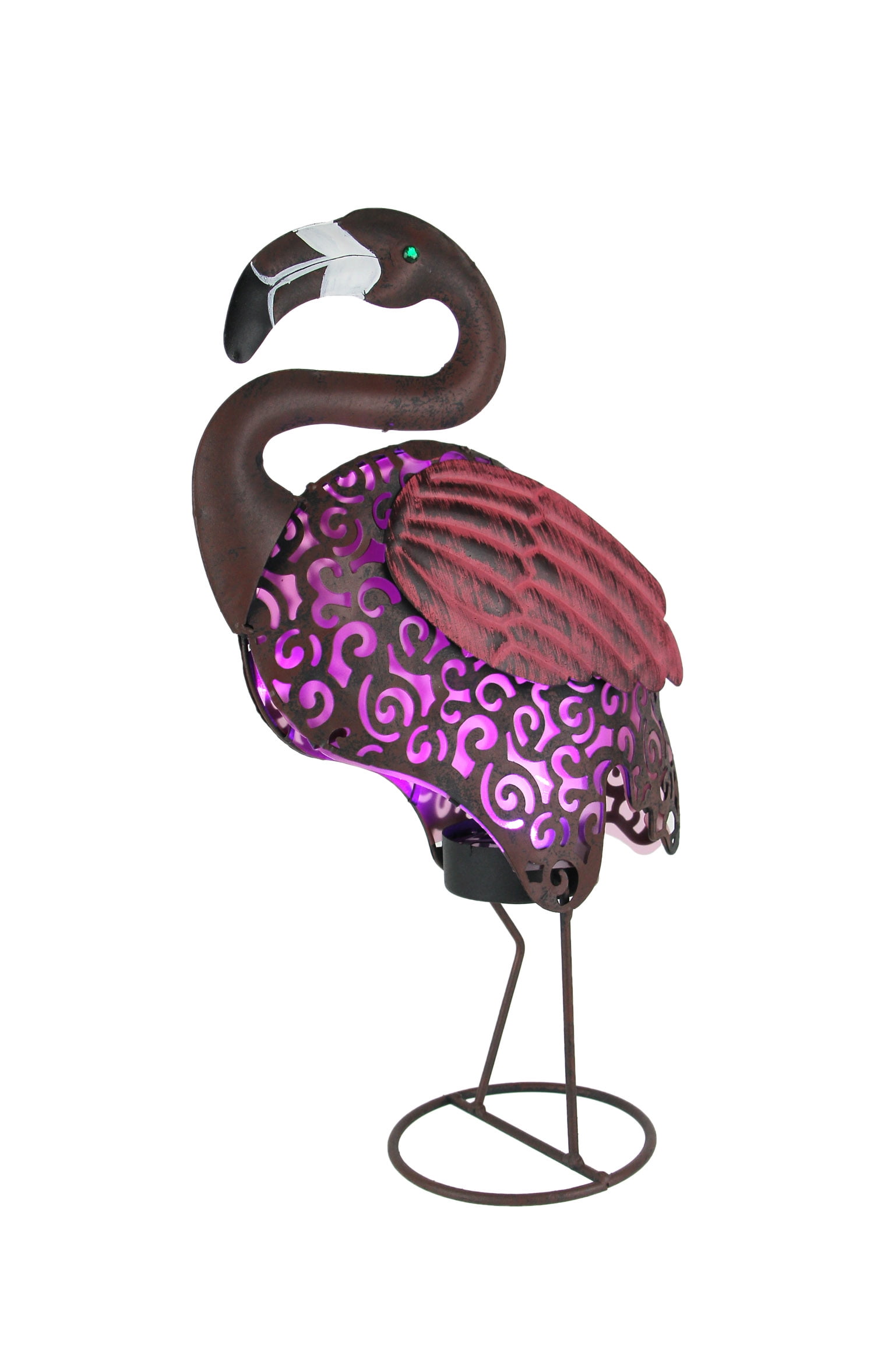 Pink and Matte Brown Metal Filigree Solar Flamingo Statue