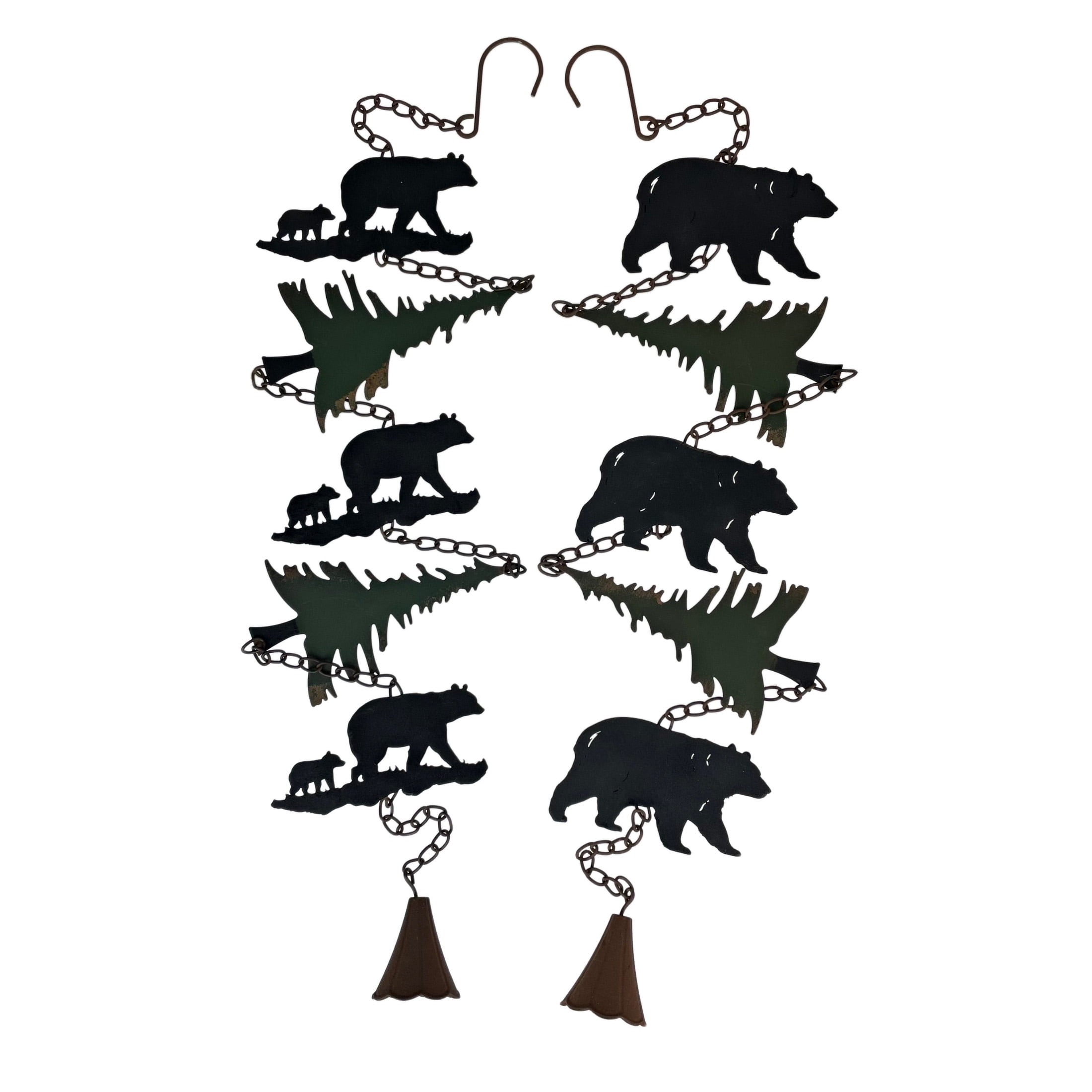 52-inch Green and Black Metal Bear and Tree Rain Chains with Bell Accents