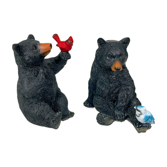 Things2Die4 Set of 2 Black Bear Statues with Birds, 5” Tall – Rustic Resin Animal Decor