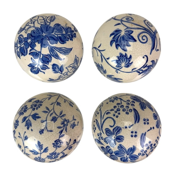 Things2Die4 Things2die4 Set of 4 Blue and White Ceramic Decorative Orbs with Floral Design, 3.75 In