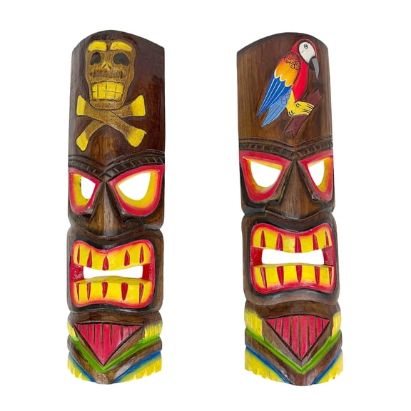 Things2Die4 Things2die4 Tiki Wall Mask Set Brown Wood Parrot and Skull 2 Count 19.75 In
