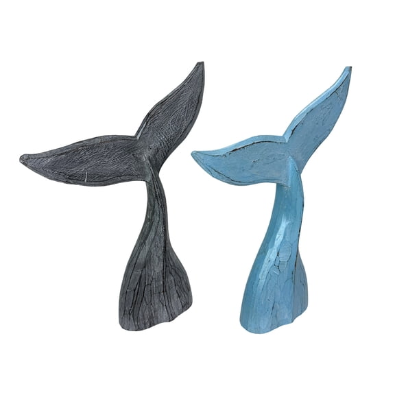 Things2Die4 Things2die4 Wood Whale Tail Statues Coastal Table Decor Set of 2