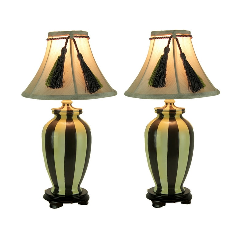 Things2Die4 Vertical Striped Small Ceramic Table Lamp with Tassel Shade Set of 2