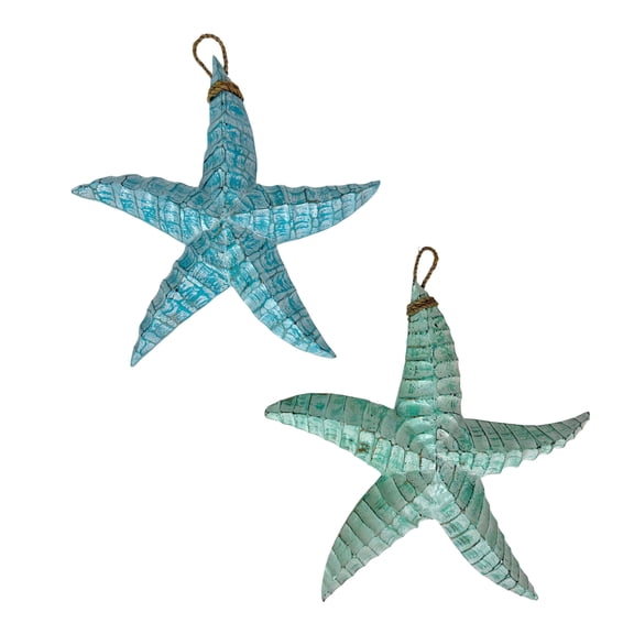 Things2Die4 Wall Sculptures Set of 2 Wood Starfish Hangings, Blue and Green Coastal Decor