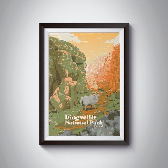 Thingvellir National Park Poster, Iceland, Icelandic Art, Retro Travel Poster, Vintage Print, Sheep, Blue Lagoon, Golden Circle, Gulfoss Wall Art, Modern Wall Decor, 24x36 UNFRAMED