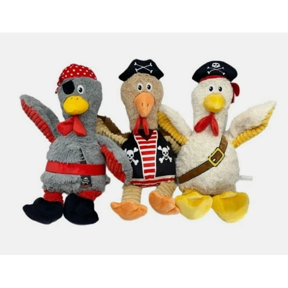 Think Dog Pirate Chicken Dog Toys (Set of 3) Squeaky Plush Gray, Brown, White - 18" Tall - Large
