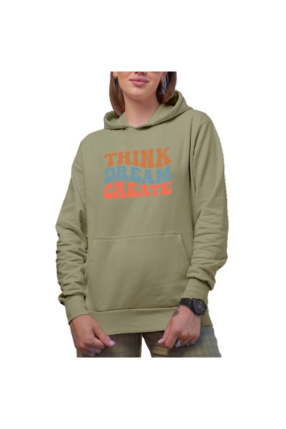 Think, Dream, Create, Quote for Creatives or Artists, Groovy Retro Wavy Text Merch Gift, Sand Hooded Sweatshirt or Hoodie, Large