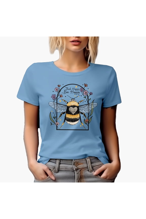 Think Happy, Bee Happy Art Merch Gift, Baby Blue T-Shirt, 3XL