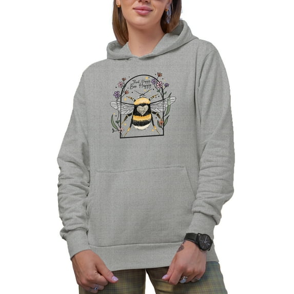 Think Happy, Bee Happy Art Merch Gift, Heather Grey Hooded Sweatshirt or Hoodie, Medium