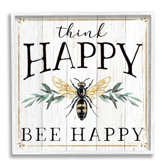 Think Happy Bee Happy Phrase Insect Pun Inspirational Framed Art Print Wall Art, 17x17