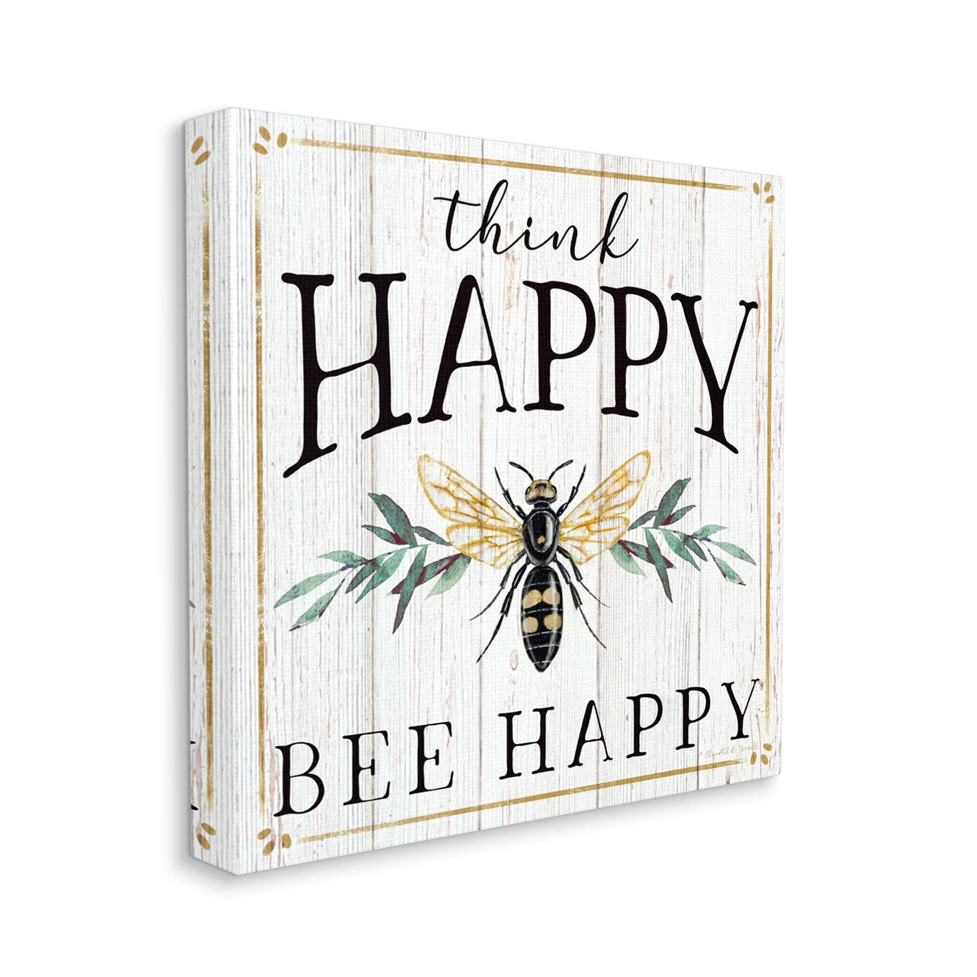 Think Happy Bee Happy Phrase Insect Pun Inspirational Gallery-Wrapped Canvas Print Wall Art, 17x17