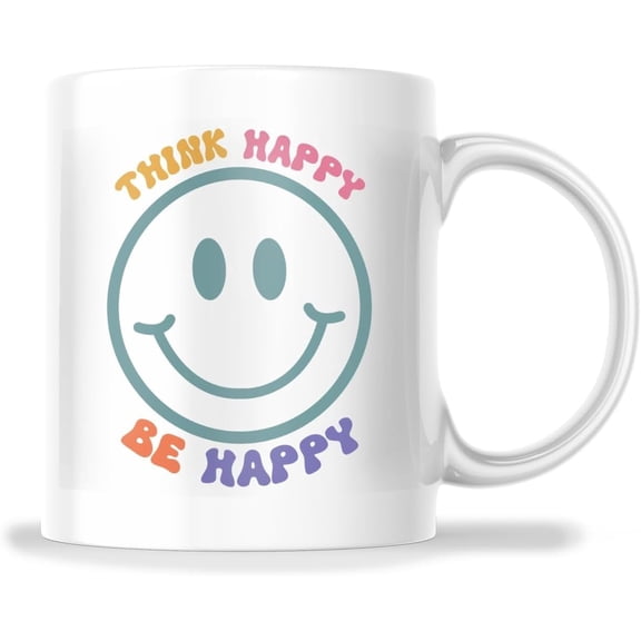 Think Happy Be Happy Mug - Positive Vibes Coffee Cup - Smiley Face Mug - Motivational Quote Mug - Fun Gift Idea - Cheerful Morning Mug - 11 Oz Ceramic Mug