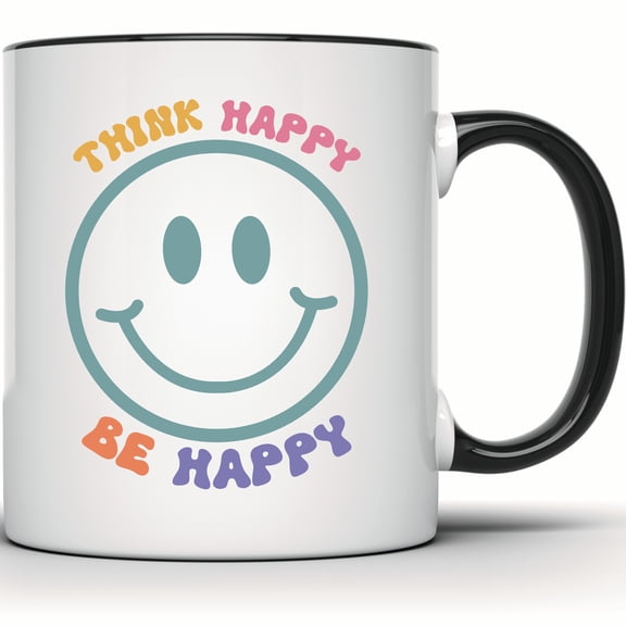 Think Happy Be Happy Mug, Smiley Face Mug, Positive Vibes Mug, Motivational Inspirational Mug, Cute Trendy Happy Mug - 11 Ounce Black Rim Handle Novelty Coffee Cup - WMUG1437-BLK