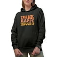 thumbnail image 1 of Think Happy Thoughts, Mental Health Quote, Groovy Retro Wavy Text Merch Gift, Black Hooded Sweatshirt or Hoodie, Medium, 1 of 5