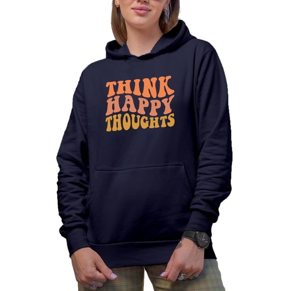 Think Happy Thoughts, Mental Health Quote, Groovy Retro Wavy Text Merch Gift, Navy Blue Hooded Sweatshirt or Hoodie, 2XL