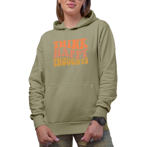 Think Happy Thoughts, Mental Health Themed Quote, Groovy Retro Wavy Text Merch Gift, Sand Hooded Sweatshirt or Hoodie, Large
