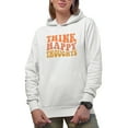 thumbnail image 1 of Think Happy Thoughts, Mental Health Themed Quote, Groovy Retro Wavy Text Merch Gift, White Hooded Sweatshirt or Hoodie, Small, 1 of 5