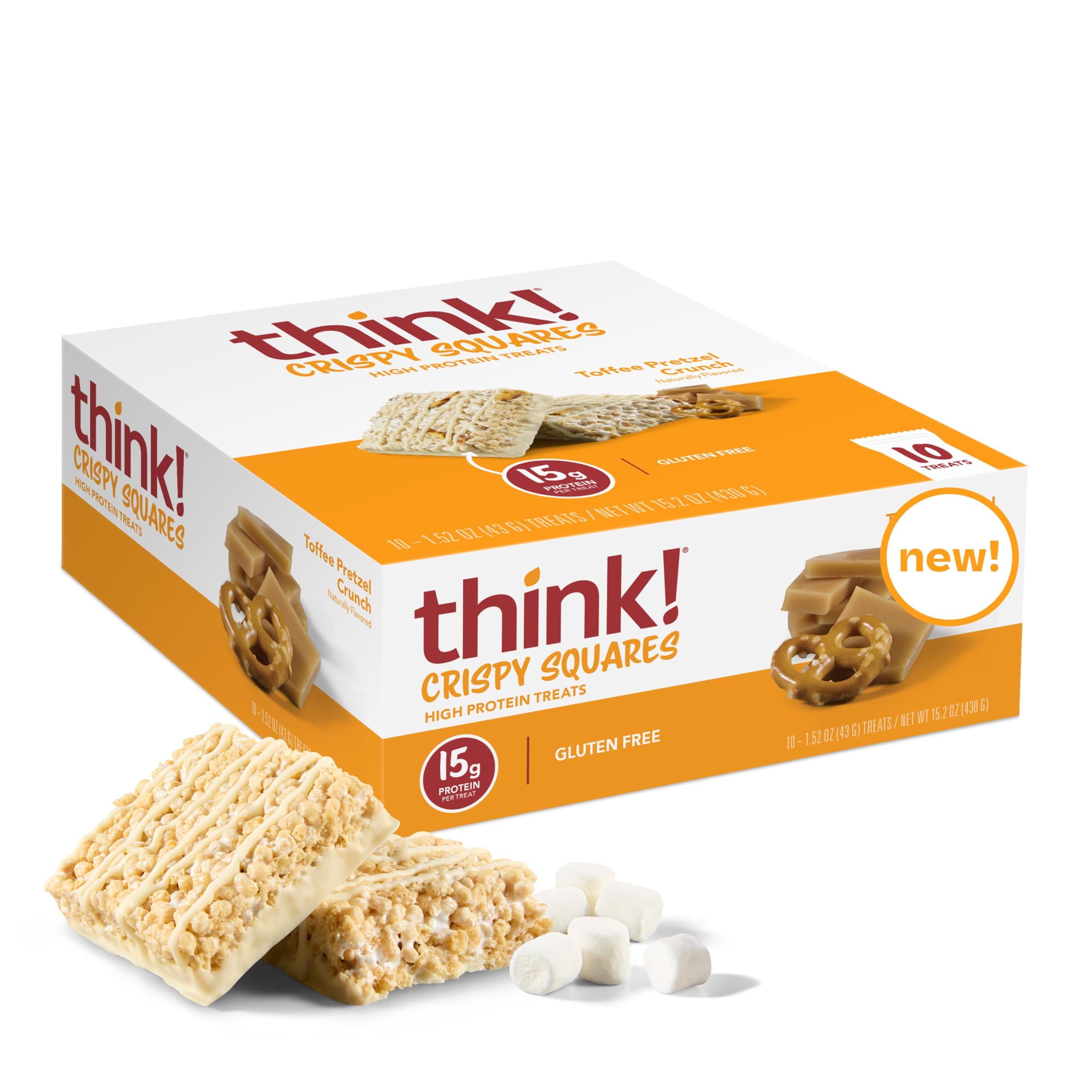 Think! High Protein Crispy AIF9 Squares Toffee Pretzel Crunch Treat (10 Pack)