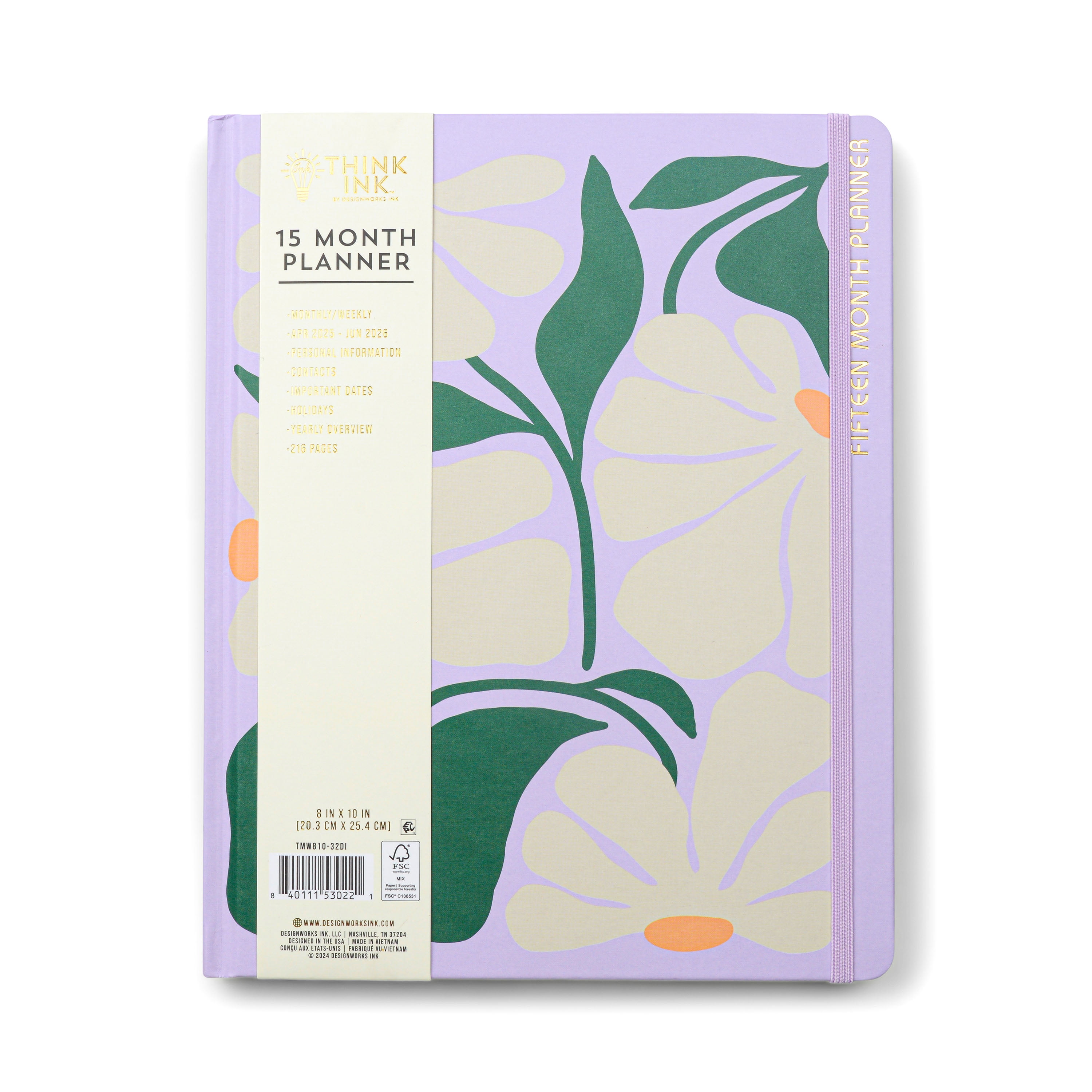 Think Ink Monthly Weekly Large (8" x 10") Purple Floral 15 Month Apr 2025 - Jun 2026 Bound Planner