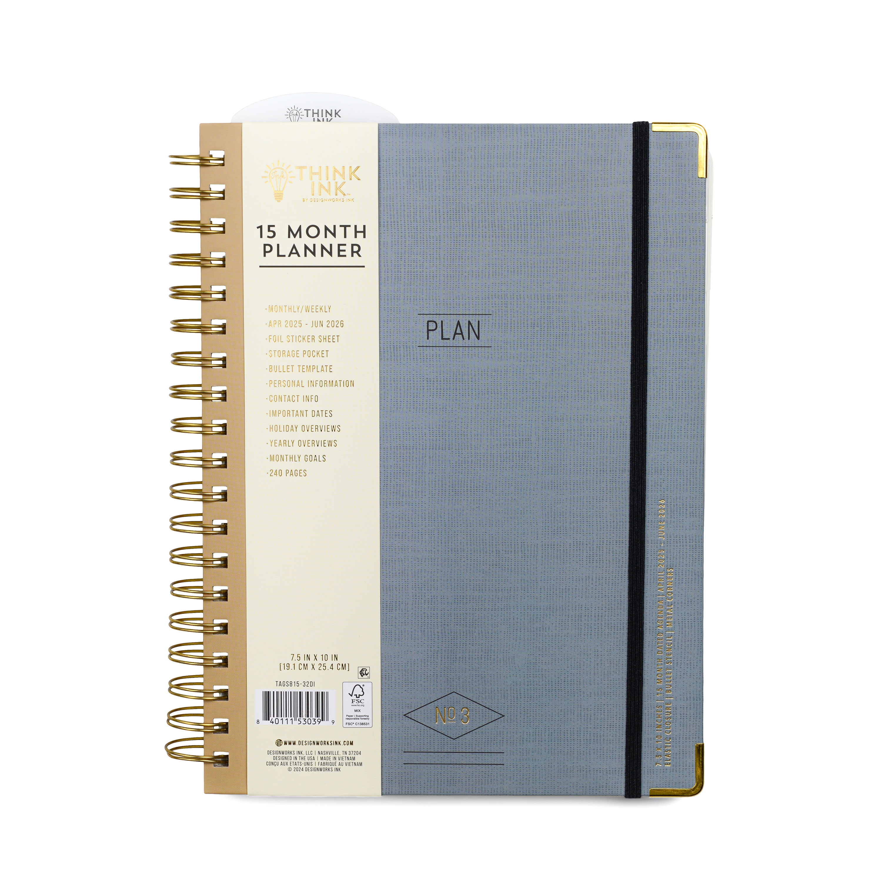 Think Ink Monthly Weekly Large (7.5" x 10") Grey 15 Month April 2025 - June 2026 Twin Wire Planner