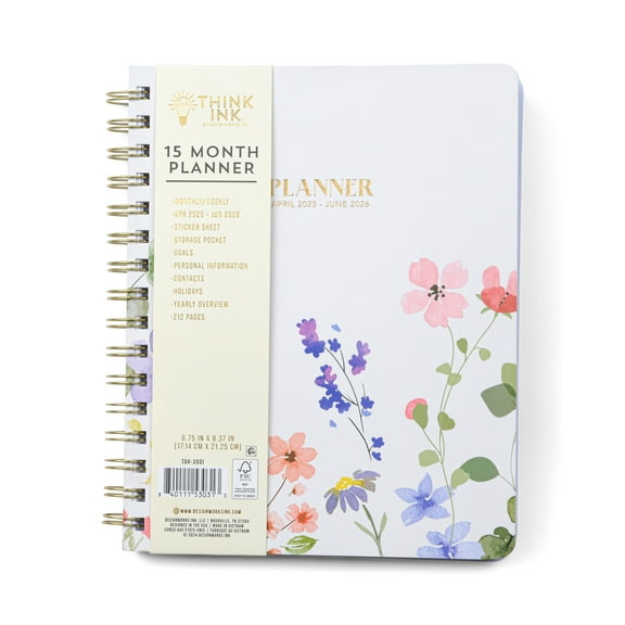 Think Ink Monthly Weekly Med. (6.75" x 8.37") Cream Wildflower 15 Month Apr 2025 - Jun 2026 Planner