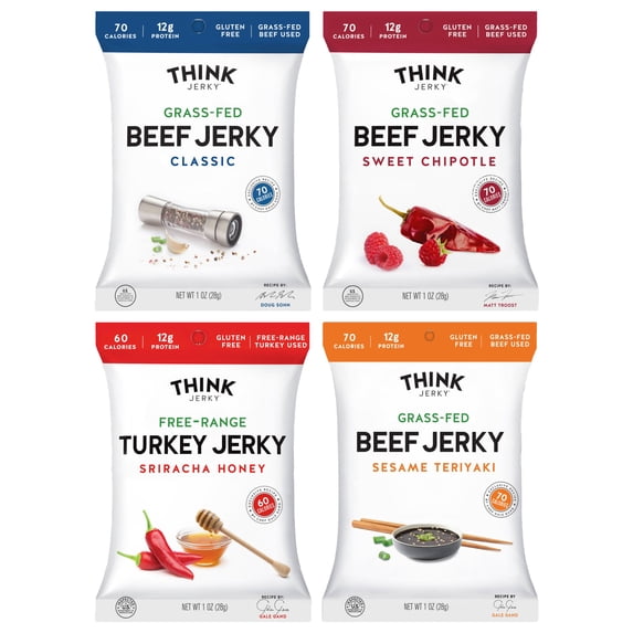 Think Jerky Beef and Turkey Jerky Variety, Original, Sweet Chipotle, Sriracha Honey, Sesame Teriyaki, Healthy Meat Snack, Low Calorie Low Fat - 2.2 oz Bags, 4 Pack, 1 of Each