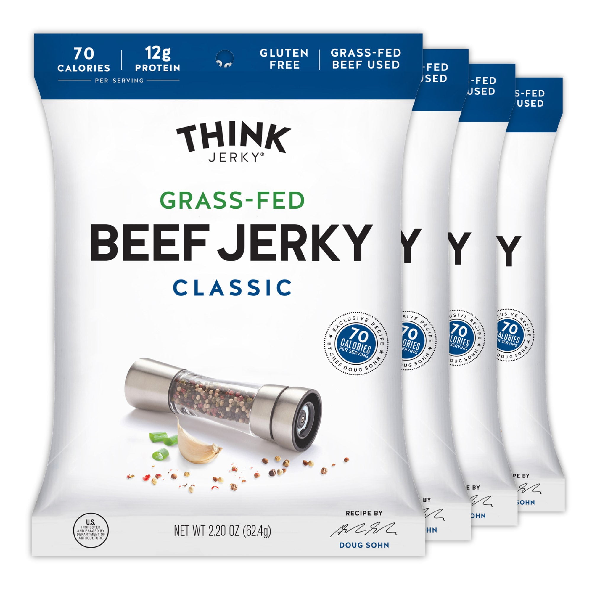 Think Jerky Classic Beef Jerky, Grass-Fed High Protein Beef Jerky, Gluten Free, No Antibiotics or Nitrates, Healthy Chef Crafted Recipe, Low Calorie and Low Fat - 2.2 oz Bags, 4 Pack