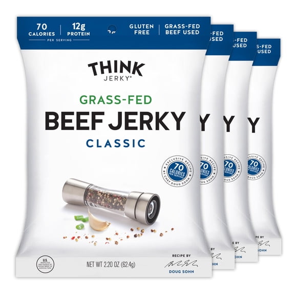 Think Jerky Classic Beef Jerky, Grass-Fed High Protein Beef Jerky, Gluten Free, No Antibiotics or Nitrates, Healthy Chef Crafted Recipe, Low Calorie and Low Fat - 2.2 oz Bags, 4 Pack