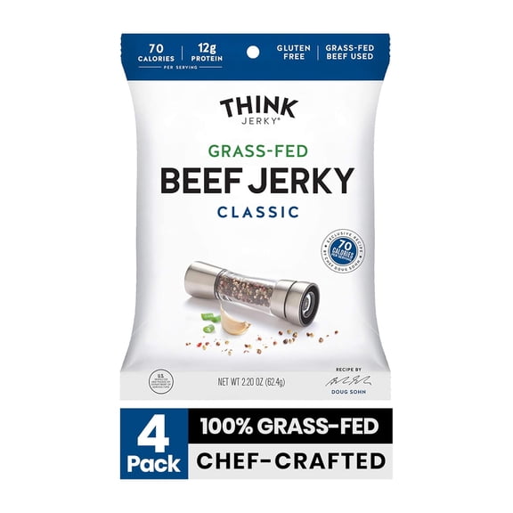 Think Jerky, Classic Beef Jerky (2.2 Ounce Bags, Pack of 4 Bags) - Delicious Chef Crafted Jerky, Grass-Fed Beef Jerky, Gluten Free, No Antibiotics or Nitrates - Healthy Protein Snack, Low Calorie.