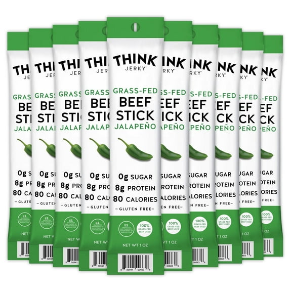 Think Jerky, Jalapeno Grass-Fed Beef Sticks, Master Case,1 Ounce (5 packs of 10) Sugar Free, Gluten Free, No Nitrates, Keto Friendly, Paleo, High Protein, Low Carb