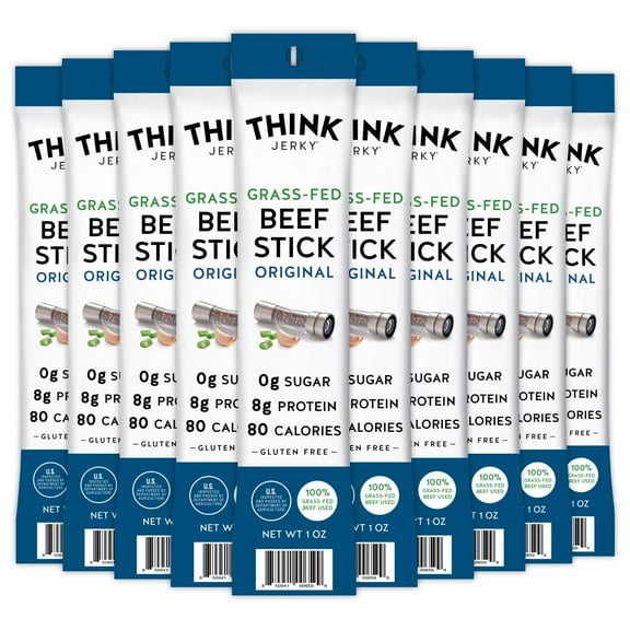 Think Jerky, Original Grass-Fed Beef Sticks (1.0 Ounce Sticks, Pack of 10 Sticks) - Sugar Free, Gluten Free, Non GMO, No Nitrates, Keto Friendly, Paleo, High Protein, Low Carb