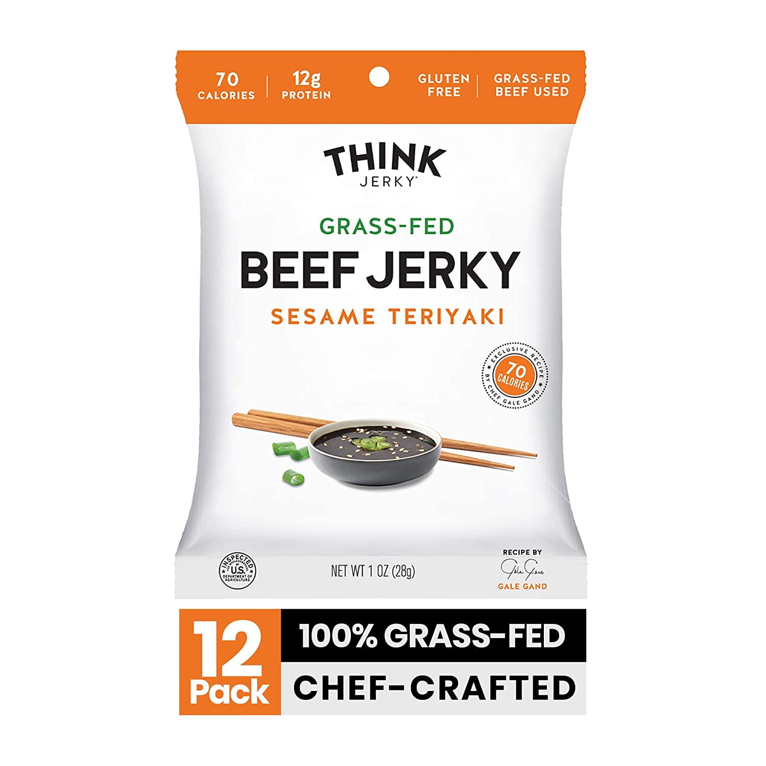 Think Jerky, Sesame Teriyaki Beef Jerky (1.0 Ounce Bags, Pack of 12 Bags) - Delicious Chef Crafted Jerky, Grass-Fed Beef Jerky, Gluten Free, No Antibiotics or Nitrates - Healthy Protein Snack, Low Cal