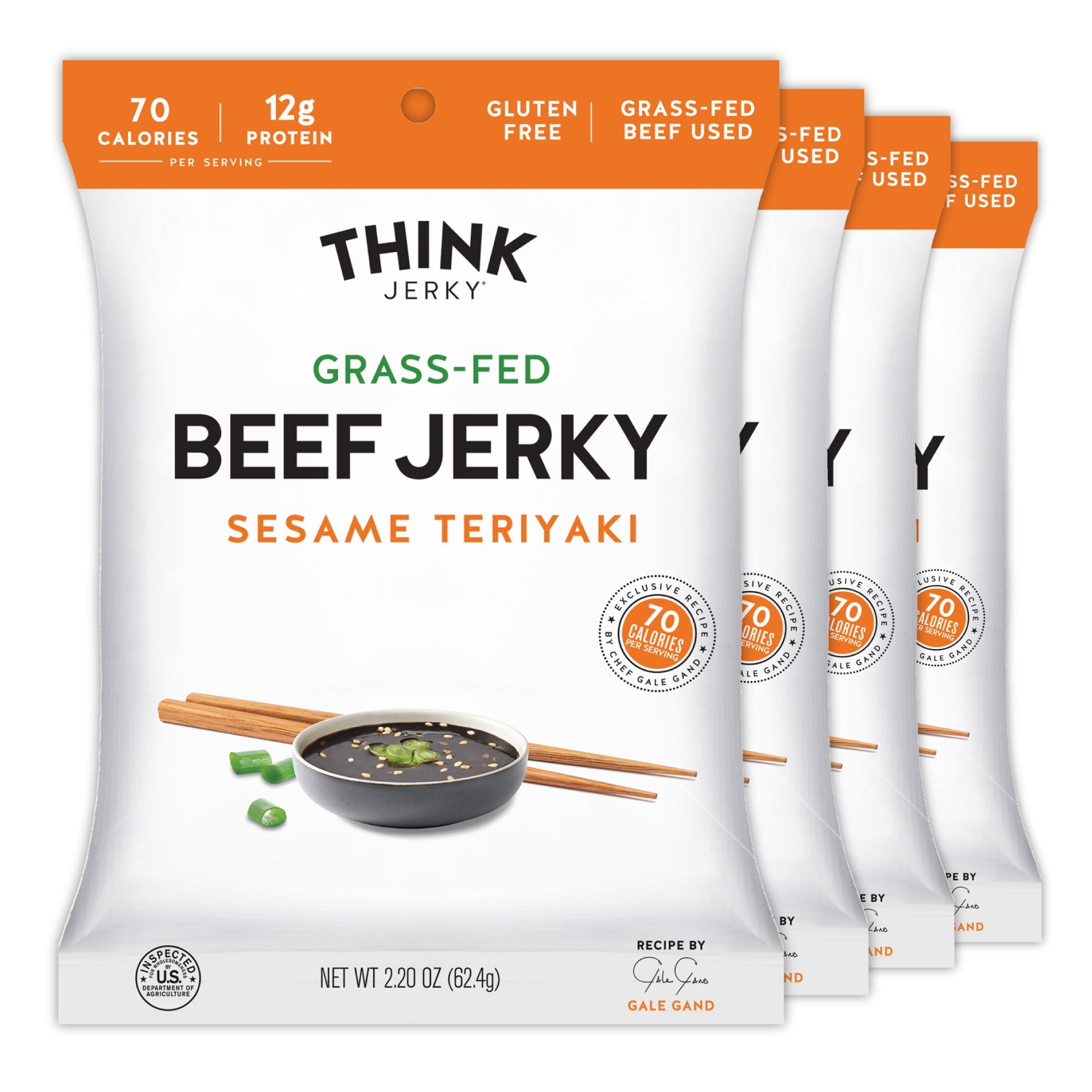 Think Jerky Sesame Teriyaki Beef Jerky, Grass-Fed High Protein Beef Jerky, Gluten Free, No Antibiotics or Nitrates, Healthy Chef Crafted Recipe, Low Calorie and Low Fat - 2.2 oz Bags, 4 Pack