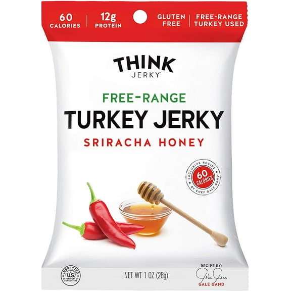 Think Jerky Sriracha Honey Turkey Jerky, Delicious Chef Crafted Free-Range Turkey With No Gluten or Antibiotics Added, Healthy Protein Snack Low in Calories and Fat, 1 Ounce (8 Pack)