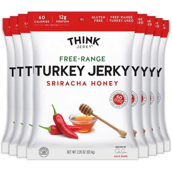 Think Jerky Sriracha Honey Turkey Jerky, High Protein Free-Range Turkey, Gluten Free, No Antibiotics or Nitrates, Healthy Chef Crafted Recipe, Low Calorie and Low Fat - 2.2 oz Bags, 8 Pack