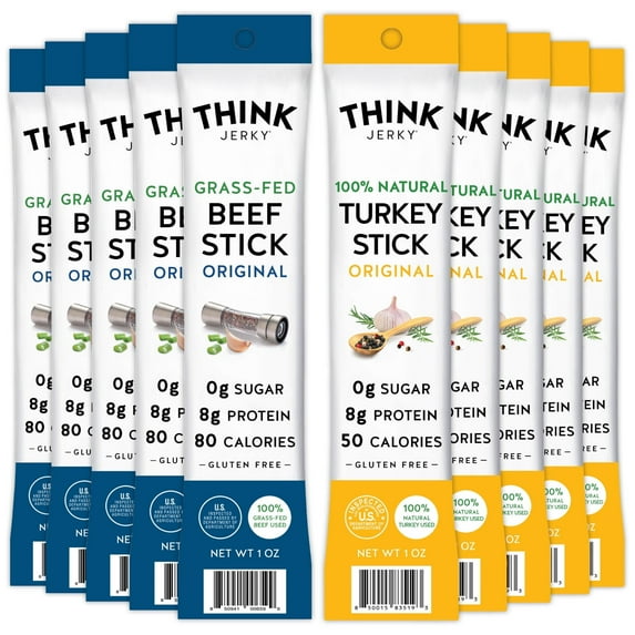 Think Jerky Stick Variety Pack, Sugar Free, Gluten Free, No Nitrates Keto Friendly Paleo High Protein - 1.0 oz Sticks, 10 Pack, 5 of Each