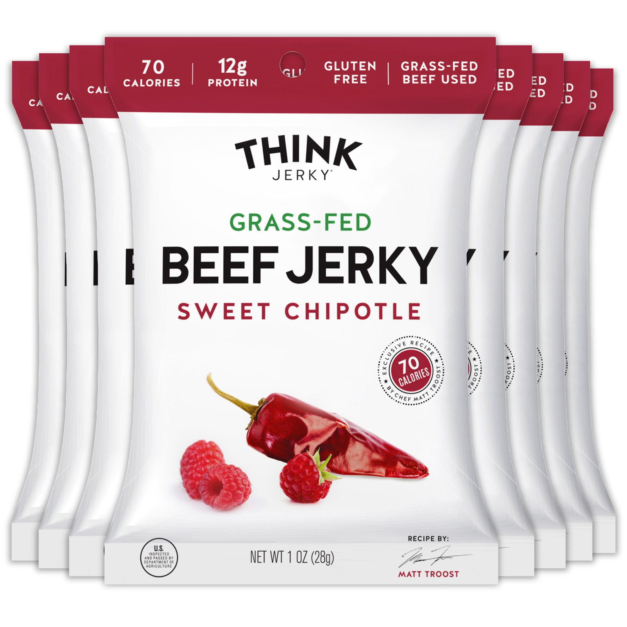 Think Jerky Sweet Chipotle Beef Jerky, Grass-Fed High Protein Beef, Gluten Free, No Antibiotics or Nitrates, Healthy Chef Crafted Recipe, Low Calorie and Low Fat - 1.0 oz Bags, 8 Pack