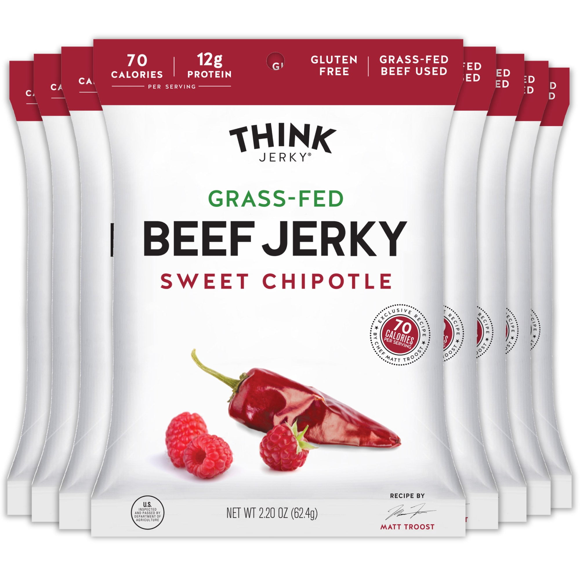 Think Jerky Sweet Chipotle Beef Jerky, Grass-Fed High Protein Beef Jerky, Gluten Free, No Antibiotics or Nitrates, Healthy Chef Crafted Recipe, Low Calorie and Low Fat - 2.2 oz Bags, 8 Pack
