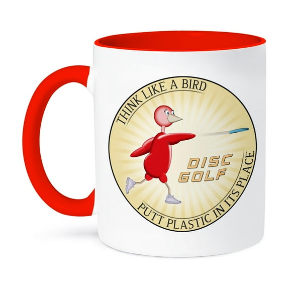 3dRose, Think Like A Bird 1 red bird throwing frisbee disc golf putter, 11oz Two-Tone Red Mug