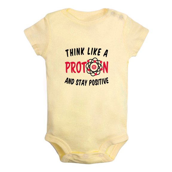 Think Like A Proton And Stay Positive Funny Rompers For Babies, Newborn Baby Unisex Bodysuits, Infant Jumpsuits, Toddler 0-12 Months Kids One-Piece Oufits (Yellow, 6-12 Months)