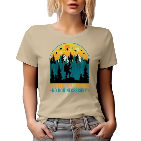 Think Outside, No Box Necessary, Outdoorsy or Adventurous Person Quote, Tan T-Shirt, Small
