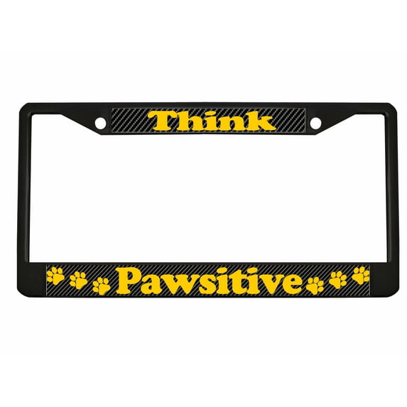 Think Pawsitive Paw Cat Dog Pet Style Metal License Plate Frame Personalized/Car Accessories Car Tag Holder Cover (Black/Carbon/Yellow)