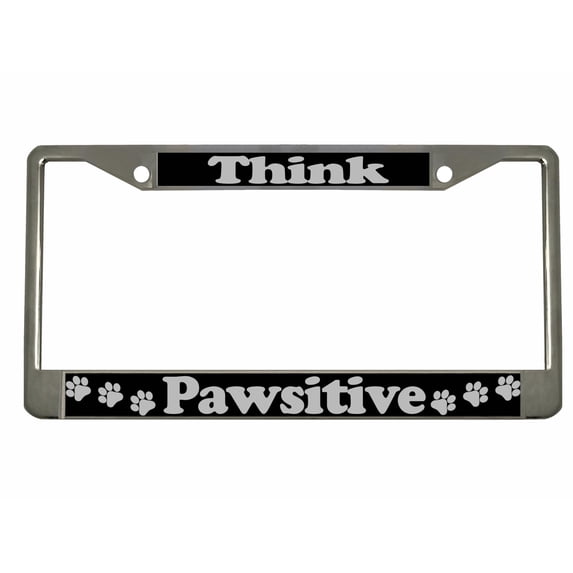 Think Pawsitive Paw Cat Dog Pet Style Metal License Plate Frame Personalized/Car Accessories Car Tag Holder Cover (Chrome/Black/Silver)
