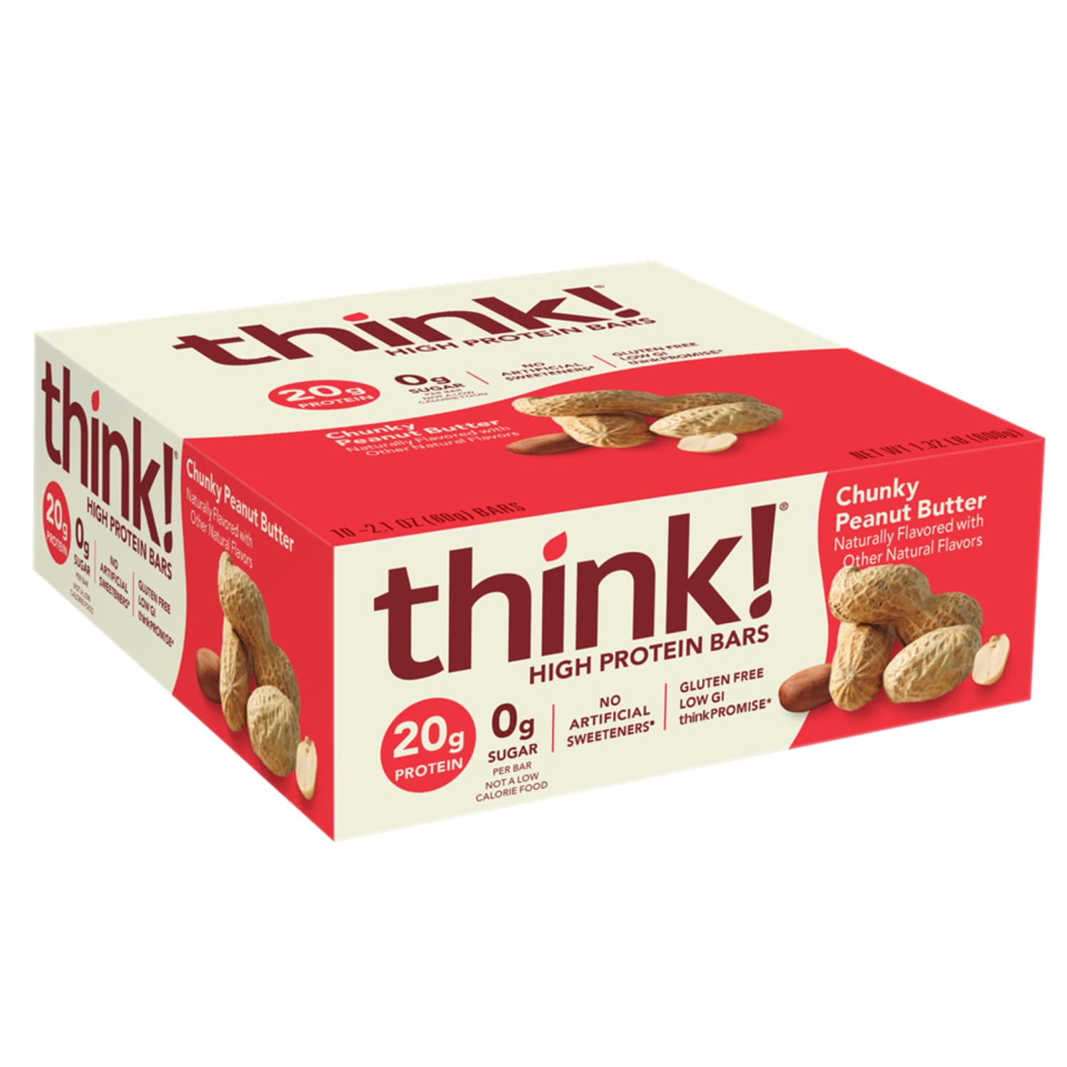 Think! Protein Bars, High Protein Snacks, Gluten Free, Sugar Free Energy Bar With Whey Protein Isolate, Chunky Peanut Butter, Nutrition Bars Without Artificial Sweeteners, 2.1 Oz (10 Count)